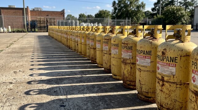 Row of yellow propane tanks lined up outdoors casting long shadows on concrete