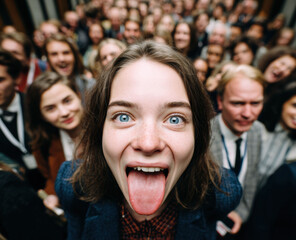 Fototapeta premium Young female leader wearing formal suit makes playful gesture while looking at camera in professional environment. Her body language suggests confidence and self control.