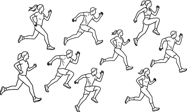 Running people line art vector set featuring active men and women in sportwear