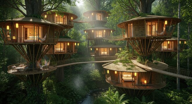 Magical illuminated treehouses nestled within a lush verdant rainforest canopy