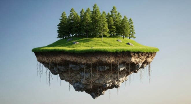 Enchanting floating island with lush green trees and roots dangling