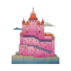 Pink fairytale castle illustration with towers on a white background © LuminaMotion Assets