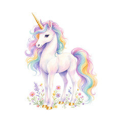 Watercolor illustration of a magical unicorn with a rainbow mane standing in spring flowers © LuminaMotion Assets