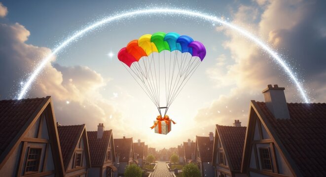Whimsical delivery character descends under rainbow parachute above town