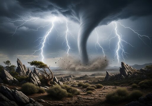 Powerful tornado and lightning strike in a desert landscape