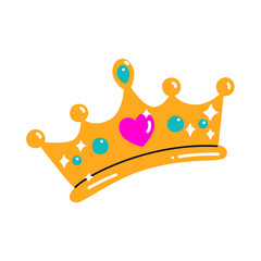 Golden princess crown illustration with a pink heart and teal gems on transparent background © LuminaMotion Assets