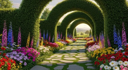 Fototapeta premium Enchanting garden path lined with vibrant flowers and lush green arches