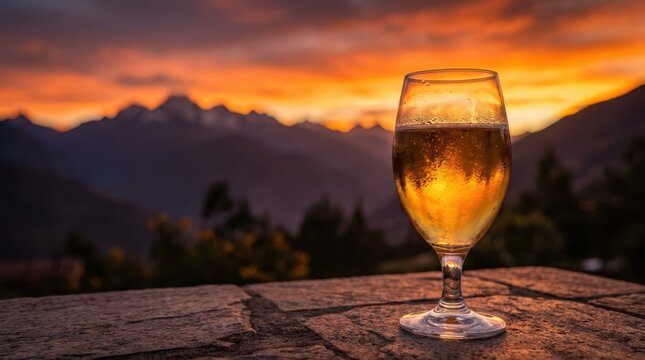 Glass of peruvian beer at sunset with Andes mountains in the background.