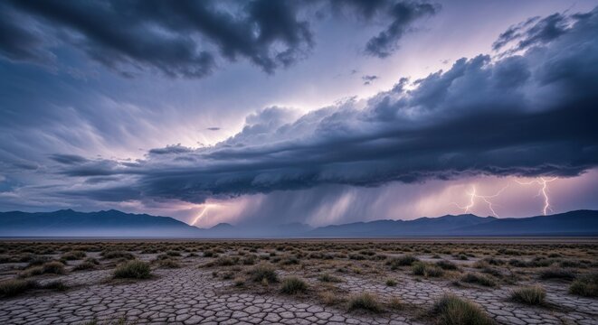 Dramatic lightning storm over a barren desert landscape at dusk