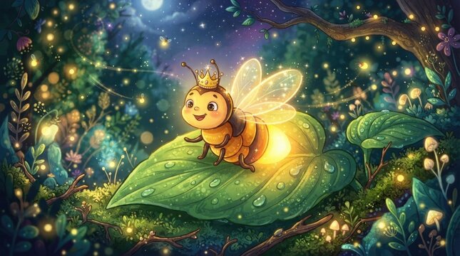 Cute cartoon firefly wearing a small golden crown resting on a wet green leaf at night with happy little glowing firefly character tiny crown sits dew covered leaf magical forest night illustration