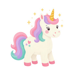 Cute cartoon unicorn with a colorful rainbow mane and sparkling stars isolated on white © LuminaMotion Assets