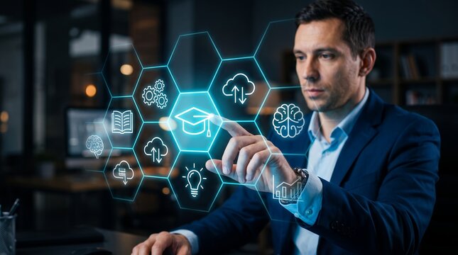 Professional businessman interacting with glowing digital education interface hologram in modern office technology virtual screen interaction future innovation learning training