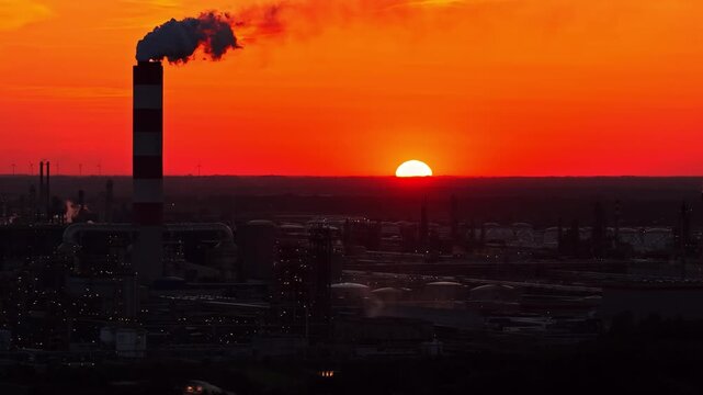 Aerial view of Orlen Plock Production Plant with smoking chimney and industrial infrastructure under a vibrant orange sunset sky in Plock, Wojewodztwo mazowieckie, Poland.