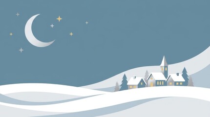 Fototapeta premium Charming winter village under moonlit sky with twinkling stars and snow covered roofs