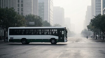 Obraz premium A modern city bus with passengers moves slowly through misty urban streets with tall buildings in the background