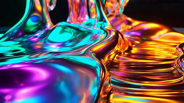 Abstract iridescent fluid ripples with vibrant neon metallic colors and liquid chrome texture
