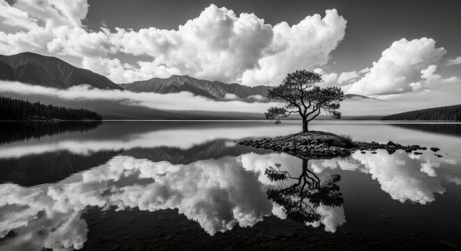 Lone tree on island mirrored in calm lake under dramatic clouds