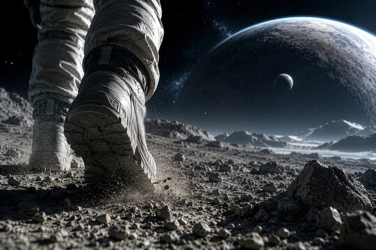 Astronaut walking on alien planet surface

