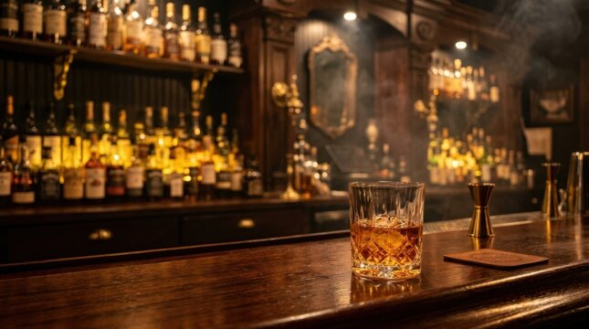 Glass of whiskey on a wooden bar counter in a luxury dimly lit pub interior