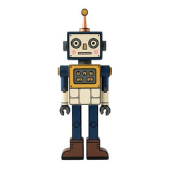 Naklejka premium Un jouet robot vintage rétro au design classique, isolé sur fond blanc, représentant une figurine mécanique nostalgique avec une antenne et des détails colorés pour les collectionneurs.