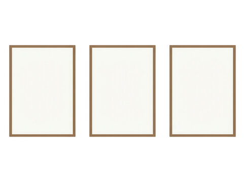 Trois cadres photo vides avec des bordures en bois marron dispos&eacute;s c&ocirc;te &agrave; c&ocirc;te sur un fond blanc pur, parfaits pour des maquettes de design d'int&eacute;rieur et des pr&eacute;sentations artistiques.