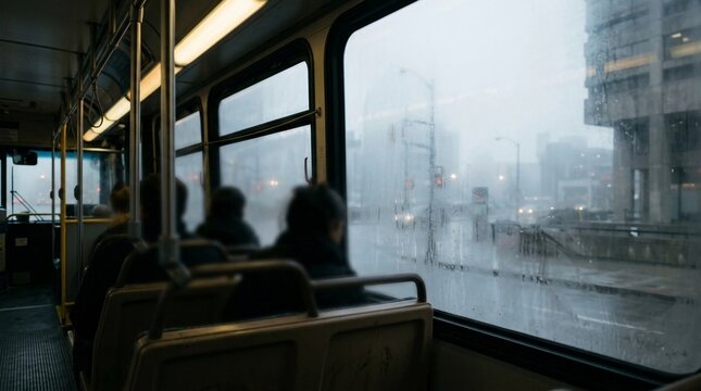Commuters inside a public bus on a rainy day, looking out the window at a blurred cityscape and street traffic