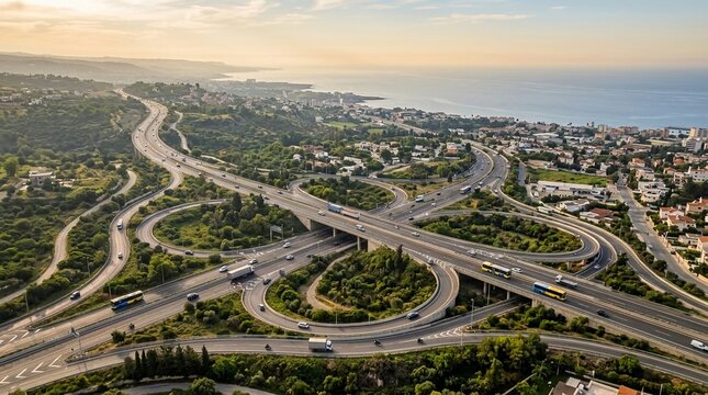 Expansive aerial view of a complex highway interchange with traffic flowing near a coastal city and the ocean