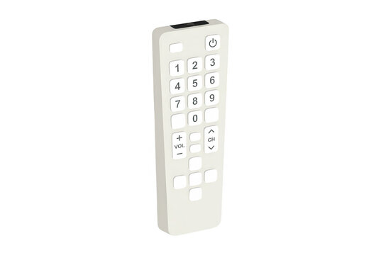 Une t&eacute;l&eacute;commande blanche moderne pour t&eacute;l&eacute;vision avec des boutons num&eacute;riques et des commandes de volume sur un fond blanc pur, id&eacute;ale pour les concepts de divertissement &agrave; domicile.