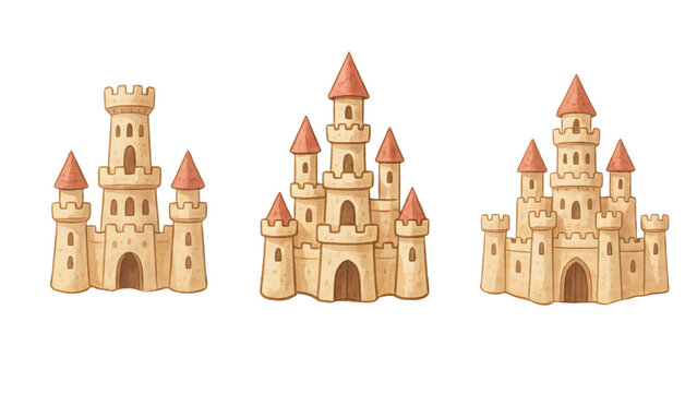 Three hand-drawn sandcastles with pointed red roofs and towers arranged in a row on a white background, isolated on a, transparent background
