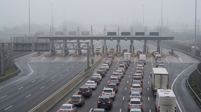 Morning traffic congestion at a foggy toll plaza with long queues of cars on the highway
