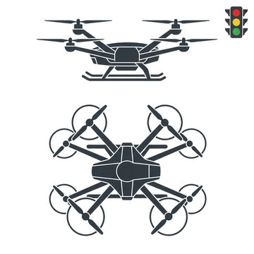 Ensemble d'ic&ocirc;nes vectorielles plates repr&eacute;sentant un drone quadricopt&egrave;re moderne vu de face et de dessus, id&eacute;al pour la technologie a&eacute;rienne, la photographie et la surveillance.