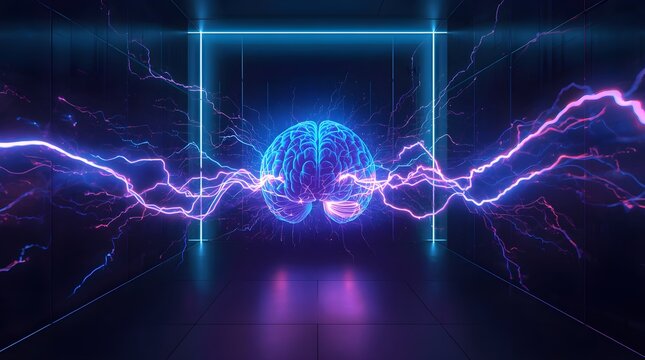 Futuristic server and cyberspace background with glowing brain, neon lights, and electric sparks