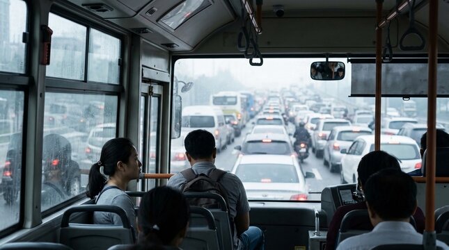 View from inside a bus looking out at a dense traffic jam on a hazy city street during daytime