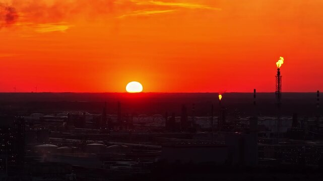 Aerial view of the Orlen Plock Production Plant at sunset with industrial flares and storage tanks visible in Plock, Mazowieckie Voivodeship, Poland.