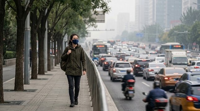 Woman walking on city sidewalk wearing a face mask amidst heavy traffic and air pollution