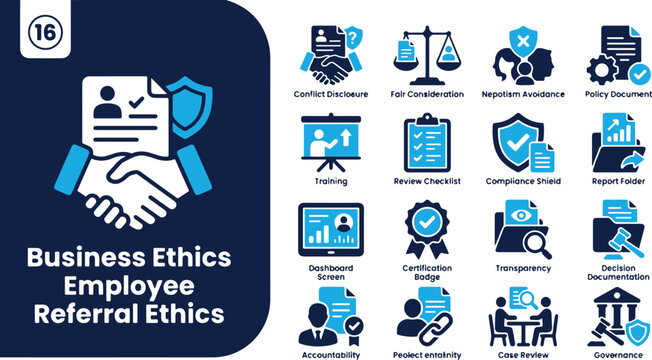 Business Ethics and Employee Referral Ethics Concept Icons Infographic Set