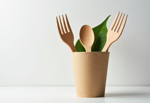 bunner eco friendly disposable kitchenware utensils on white background. wooden forks and spoons in paper cup. and green leaf. ecology, zero waste concept. copyspace.