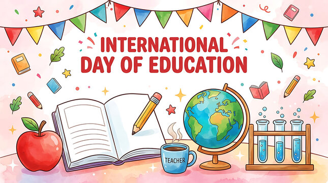 A vibrant illustration celebrates the international day of education featuring books a globe pencils and various colorful school supplies arranged together