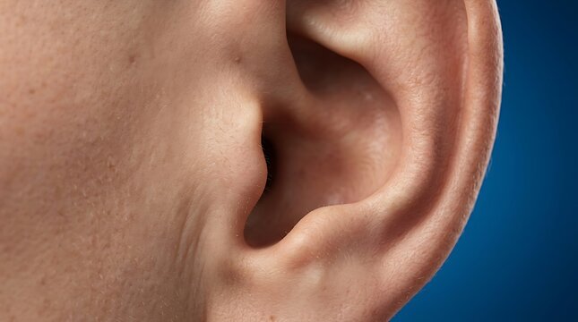 High detail 3D render of the external anatomy of a human ear and side of the face showing the tragus and auricular folds against a solid blue background for medical reference and study use.