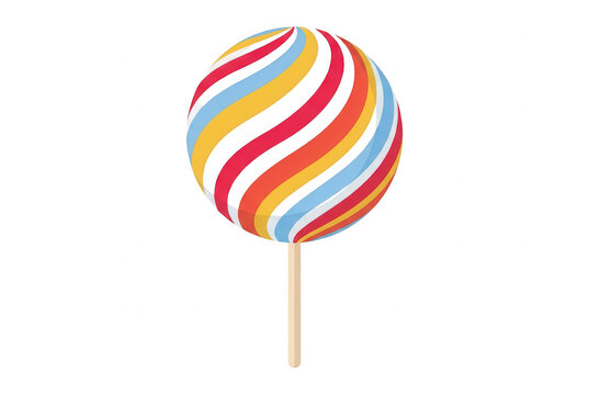 Illustration d'une sucette ronde multicolore avec des rayures en spirale rouges, bleues et jaunes sur fond blanc.