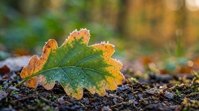 Close up of autumn oak leaf with morning frost and water droplets lying on forest ground during sunrise, seasonal change from fall to winter concept