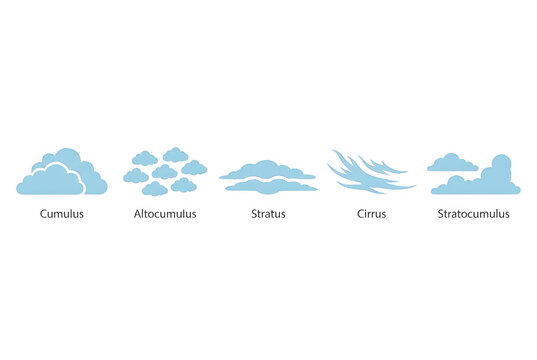 Illustration vectorielle montrant les diff&eacute;rents types de nuages comme cumulus, altocumulus, stratus, cirrus et stratocumulus sur fond blanc.