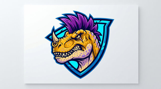 Dynamic and fierce dinosaur punk mascot logo, showcasing a vibrant mohawk and aggressive expression within a shield, ideal for gaming teams, esports, or bold brand identity