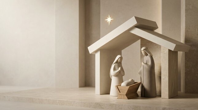 Minimalist nativity scene with figures in stable and star