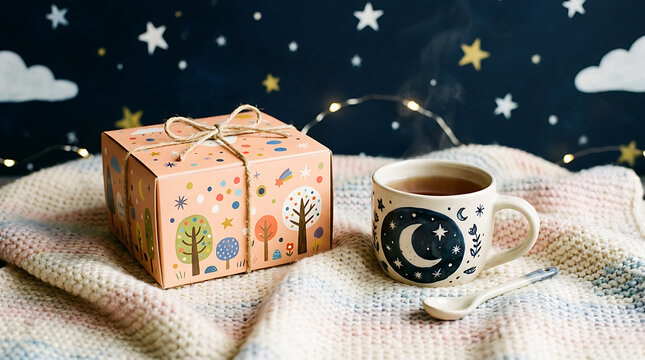 A peaceful cozy winter evening features a beautifully wrapped gift box and a steaming mug of warm tea on a soft knitted