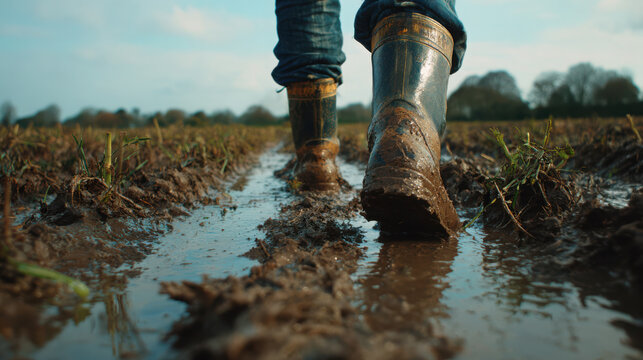 Muddy rubber boots walking across a wet farm field during a cloudy day in early spring