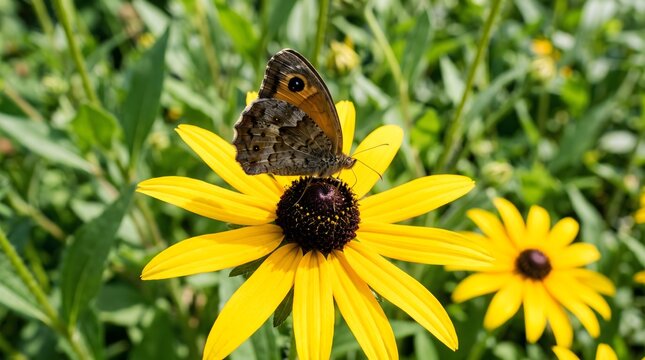 A butterfly resting on a bright yellow blackeyed susan flower