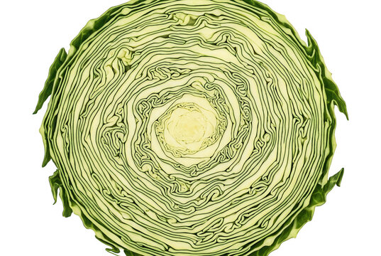 Vue en coupe transversale d'un chou vert frais isol&eacute; sur fond blanc montrant les couches de feuilles d&eacute;taill&eacute;es et la texture naturelle du l&eacute;gume crucif&egrave;re