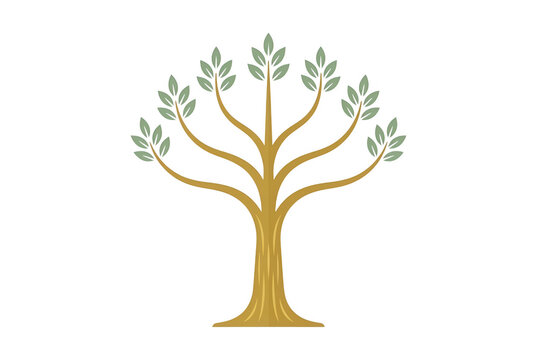 Illustration vectorielle stylis&eacute;e d'un arbre g&eacute;n&eacute;alogique avec un tronc dor&eacute; et des feuilles vertes, id&eacute;al pour repr&eacute;senter la croissance, la famille, la nature et le d&eacute;veloppement durable.