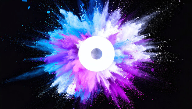 A vibrant explosion of blue and purple powder creates an energetic splash against a black background, with no people. This abstract, creative design symbolizes power, chaos, and artistic joy.